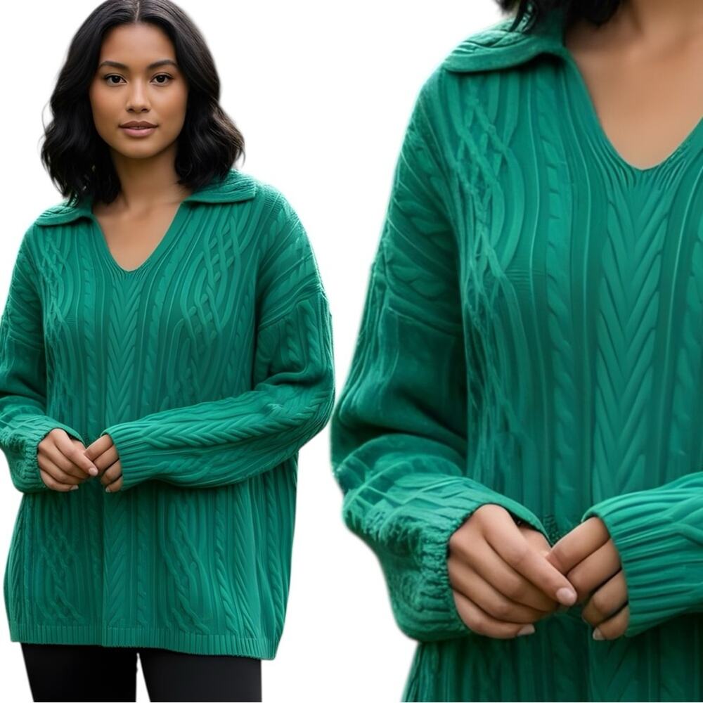 J. Jill Women's Cabled Polo Sweater in Green Meadow Super soft little oversized